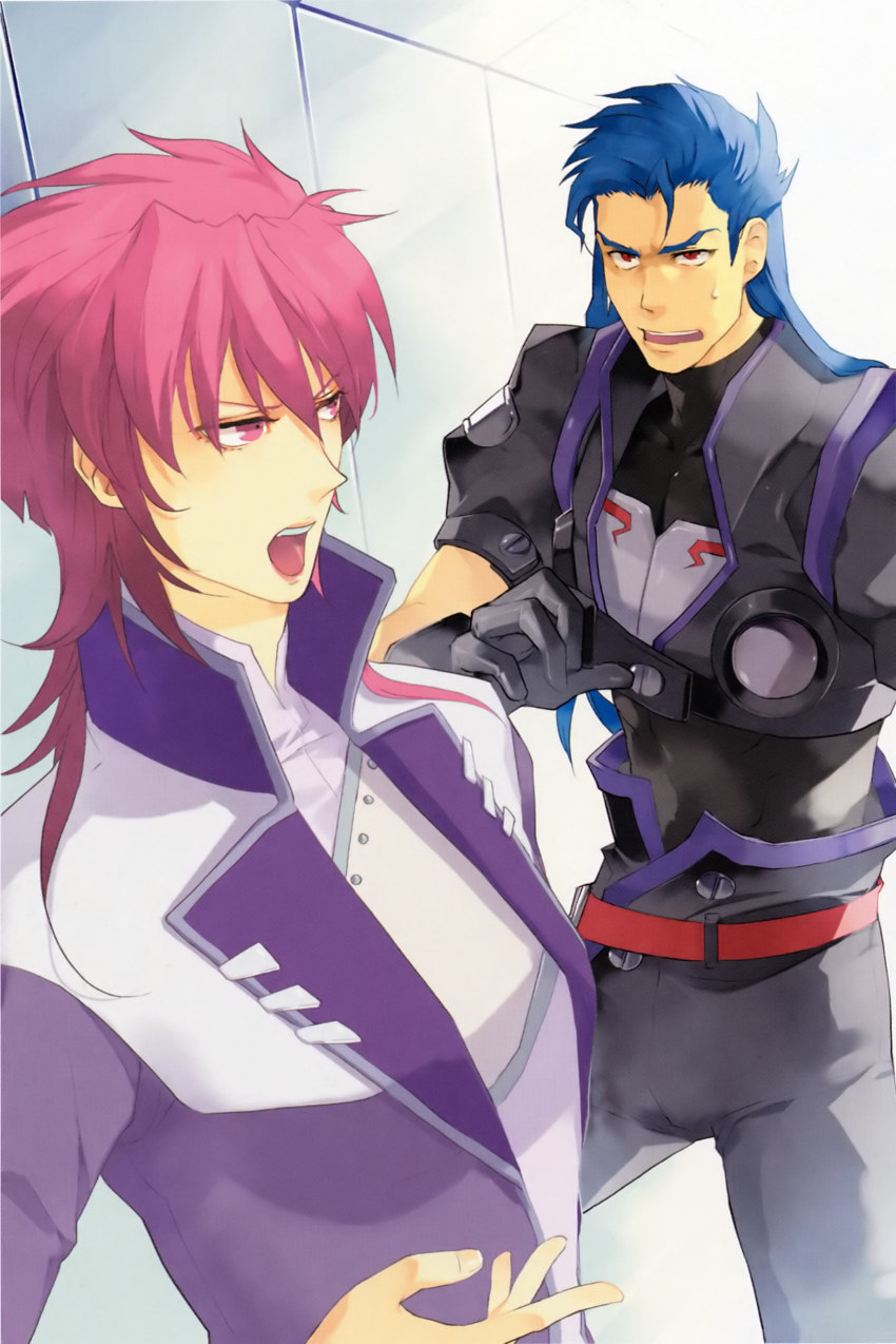1boy 1girl absurdres banpresto belt blue_hair gloves highres irmgult_kazahara long_hair lyn_mao mullet purple_eyes purple_hair red_eyes ring_mao super_robot_wars super_robot_wars_original_generation yuikawa_kazuno