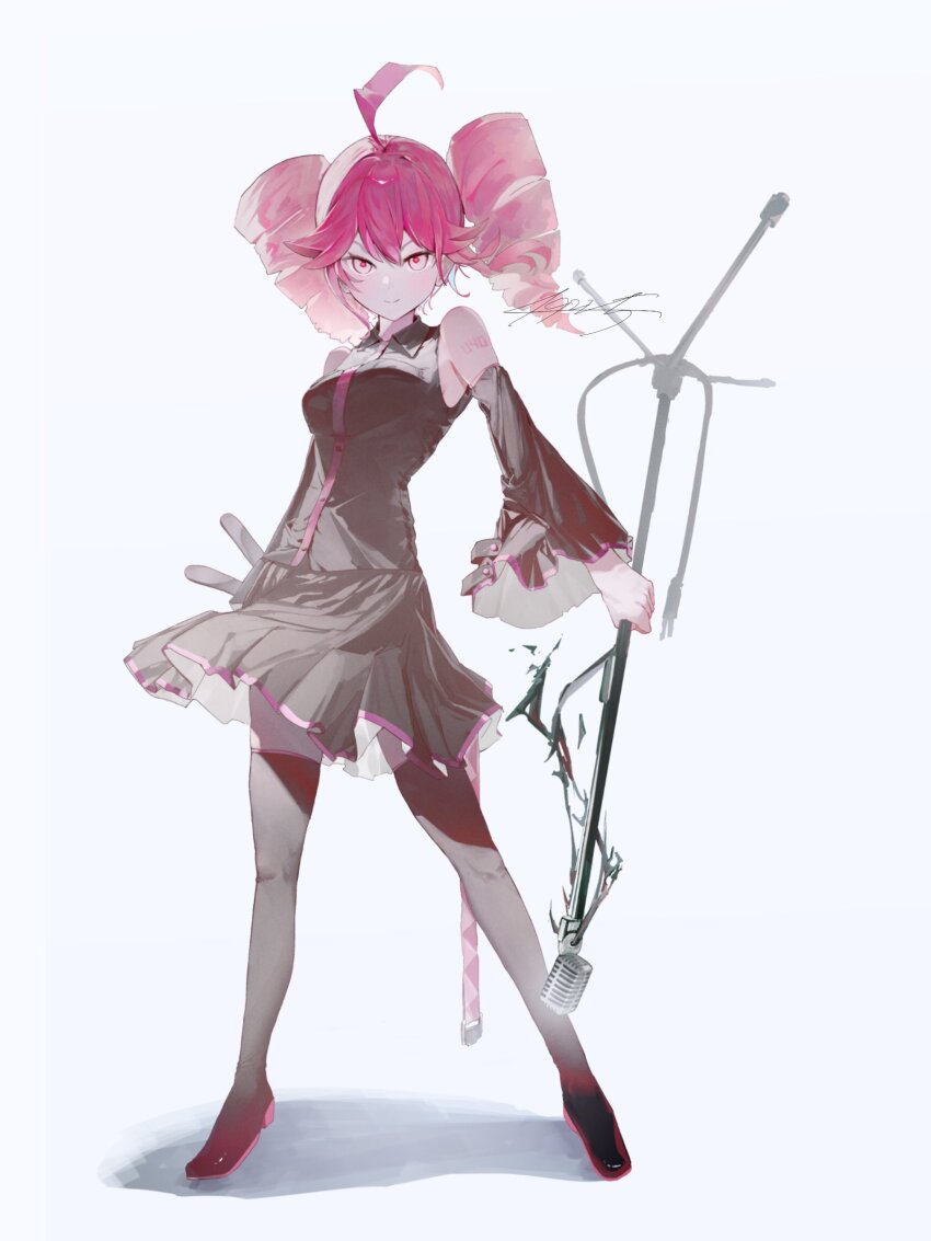 1girl absurdres ahoge arm_at_side arm_behind_back armpit_crease black_boots black_shirt black_skirt black_sleeves black_thighhighs blush boots breasts closed_mouth collared_shirt detached_sleeves drill_hair floating_clothes full_body hair_between_eyes hashtag-only_commentary highres holding holding_microphone_stand kasane_teto kasane_teto_(utau) legs_apart long_sleeves medium_breasts microphone microphone_stand pink_eyes red_hair shadow shikihutuka shirt signature skirt sleeveless sleeveless_shirt smile solo standing thigh_boots thighhighs twin_drills utau wing_collar