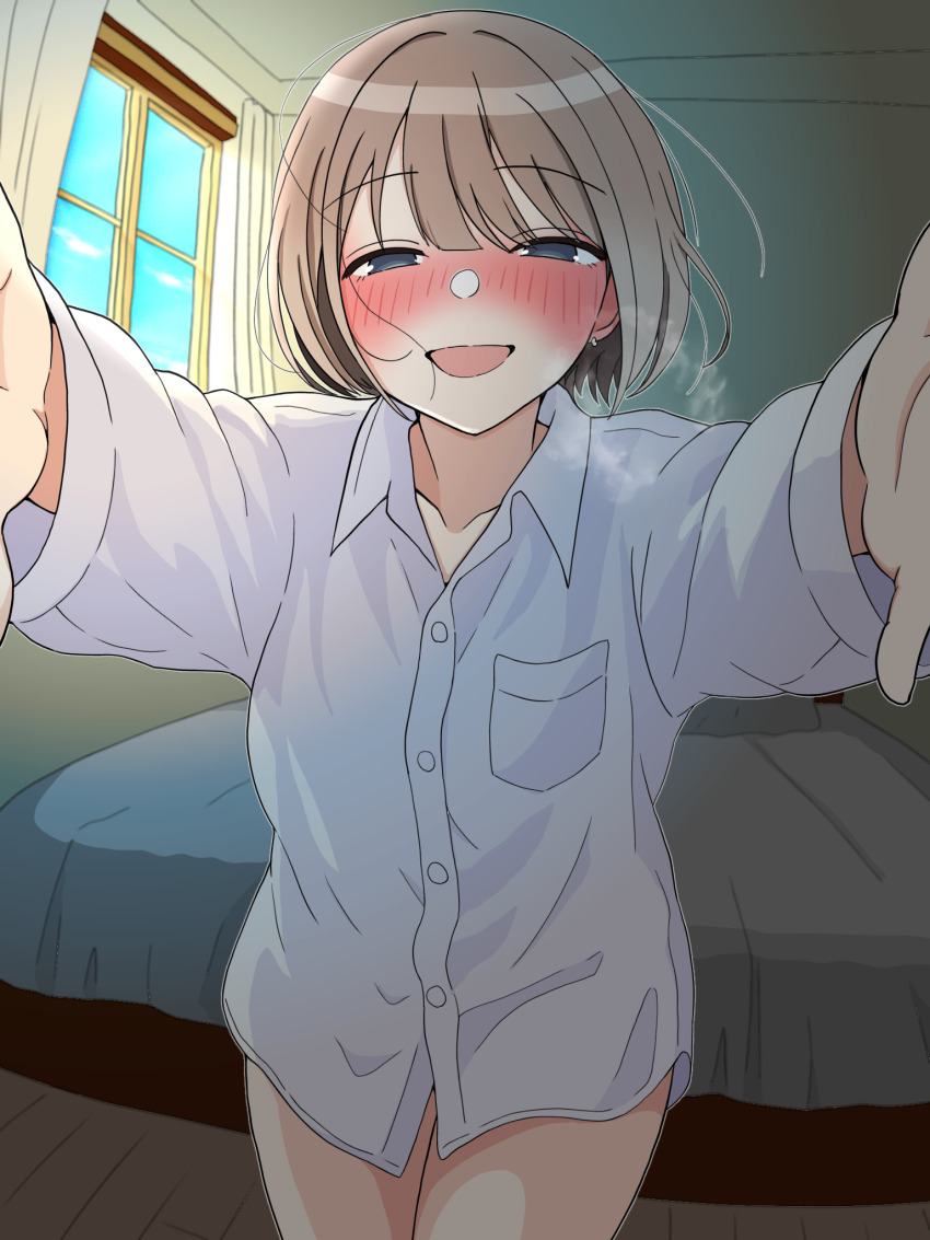 1girl blush borrowed_clothes breath commentary_request dress_shirt earrings grey_hair half-closed_eyes highres hondy_(user_gcxa2842) idolmaster idolmaster_shiny_colors incoming_hug indoors jewelry looking_at_viewer nose_blush serizawa_asahi shirt short_hair single_earring smile solo thighs white_shirt