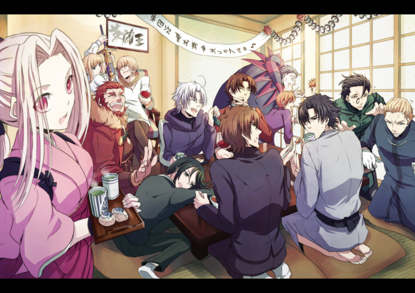 2girls 6+boys alcohol artoria_pendragon_(fate) barefoot berserker_(fate/zero) caliburn_(fate) crest_worm diarmuid_ua_duibhne_(fate) diarmuid_ua_duibhne_(lancer)_(fate) eating emiya_kiritsugu emiya_shirou everyone fate/stay_night fate/zero fate_(series) father_and_son feeding food gilgamesh_(fate) gilles_de_rais_(caster)_(fate) gilles_de_rais_(fate) green_tea highres instructor_iri irisviel_von_einzbern iskandar_(fate) japanese_clothes kayneth_archibald_el-melloi kimono kotomine_kirei kotomine_kirei_(fate/zero) letterboxed long_hair mapo_tofu matou_kariya mother_and_son multiple_boys multiple_girls official_alternate_costume party ribbon saber_(fate) seiza sheath sheathed short_hair sitting sliding_doors tea tohsaka_tokiomi uryuu_ryuunosuke waver_velvet wine worm yukihime_(mofumofu2225)