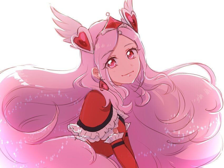 1girl closed_mouth cure_passion diamond_(shape) diamond_hair_ornament earrings eas_(fresh_precure!) eyelashes facing_to_the_side floating_hair fpminnie1 fresh_precure! frills gloves hair_ornament head_wings heart heart_hair_ornament higashi_setsuna highres jewelry lipgloss looking_at_viewer pale_skin parted_bangs pink_hair precure red_eyes shining short_sleeves solo solo_focus wing_hair_ornament wings