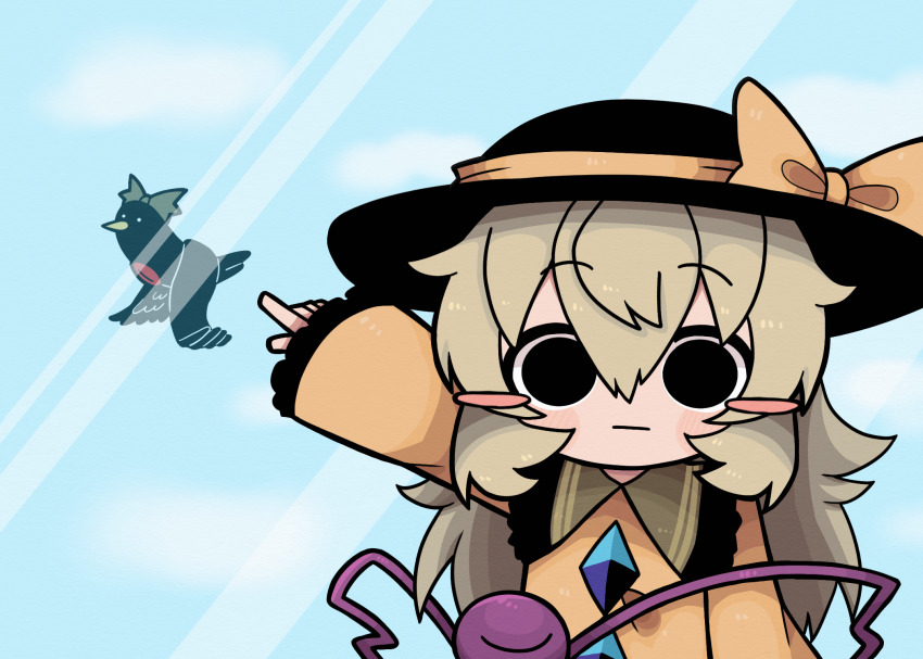 1girl arm_up beak bird black_bird black_eyes blue_sky blush blush_stickers buttons closed_mouth cloud crow dc_comics derivative_work diamond_(shape) diamond_button empty_eyes flying frilled_shirt frilled_shirt_collar frilled_sleeves frills glass green_hair green_ribbon hair_between_eyes hair_ribbon hat hat_ribbon highres komeiji_koishi long_hair long_sleeves looking_at_viewer outstretched_arm pointing red_eyes reiuji_utsuho reiuji_utsuho_(bird) ribbon shirt sky sleeves_past_wrists slit_pupils straight-on teen_titans teen_titans_go! third_eye torn_clothes torn_hair_ribbon torn_ribbon touhou white_eyes yellow_ribbon yellow_shirt zunusama