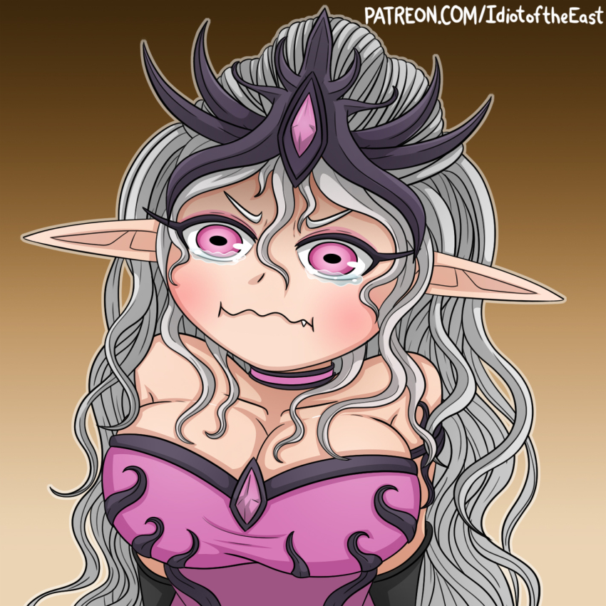 1girl breasts choker cleavage commentary crying_aqua_(meme) english_commentary fang grey_hair highres idiot_of_the_east kono_subarashii_sekai_ni_shukufuku_wo! large_breasts meme parody pink_choker pink_eyes pointy_ears slaanesh solo tearing_up tiara upper_body warhammer_40k watermark wavy_hair web_address