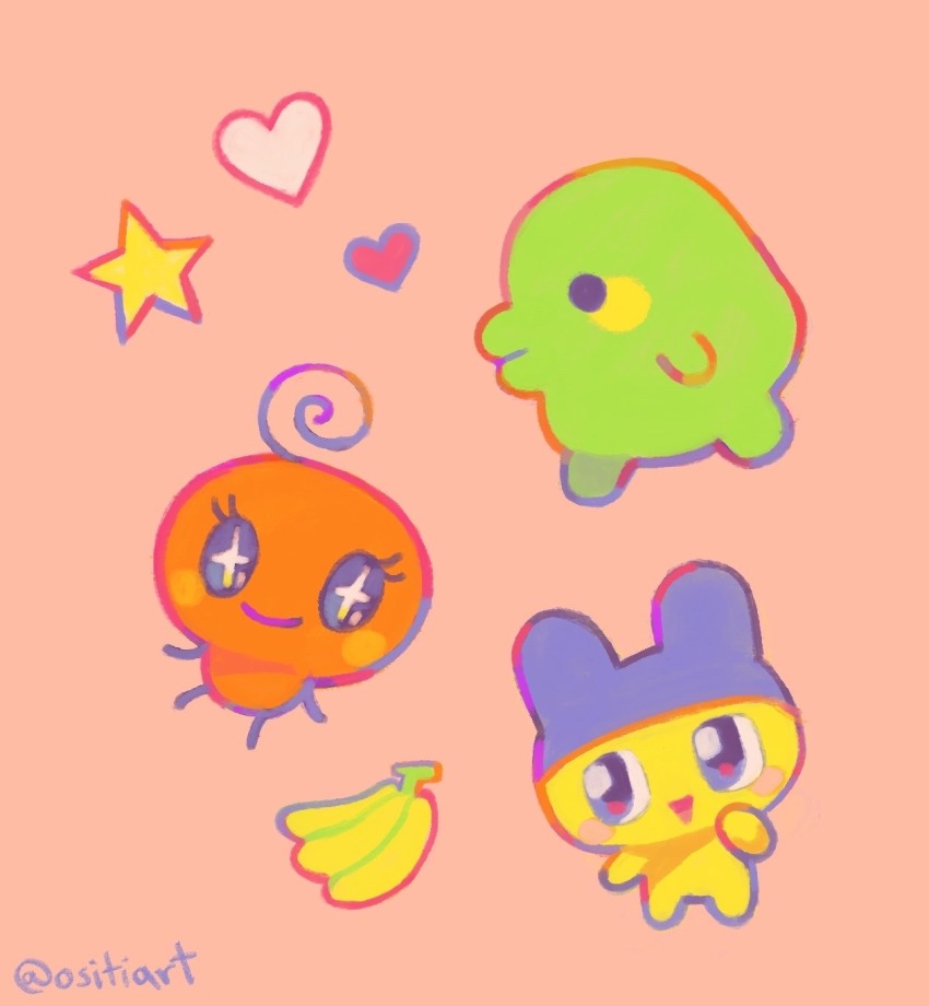 1girl 2boys ahoge banana blush_stickers chibi chibi_only colored_skin commentary eyelashes food fruit full_body green_skin heart highres kuchipatchi mametchi memetchi multiple_boys open_mouth orange_background orange_skin ositia signature simple_background solid_circle_eyes star_(symbol) symbol-only_commentary tamagotchi tamagotchi_(creature) yellow_skin