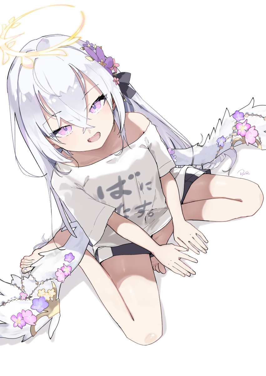 1girl absurdres alternate_costume azusa_(blue_archive) barefoot black_shorts blue_archive commentary_request crossed_bangs feathered_wings flower from_above hair_between_eyes hair_flower hair_ornament halo highres long_bangs long_hair looking_at_viewer looking_up low_wings off_shoulder open_mouth purple_eyes ryo_(ryo_skrdi) shirt short_sleeves shorts simple_background sitting solo wariza white_background white_hair white_shirt white_wings wings yellow_halo