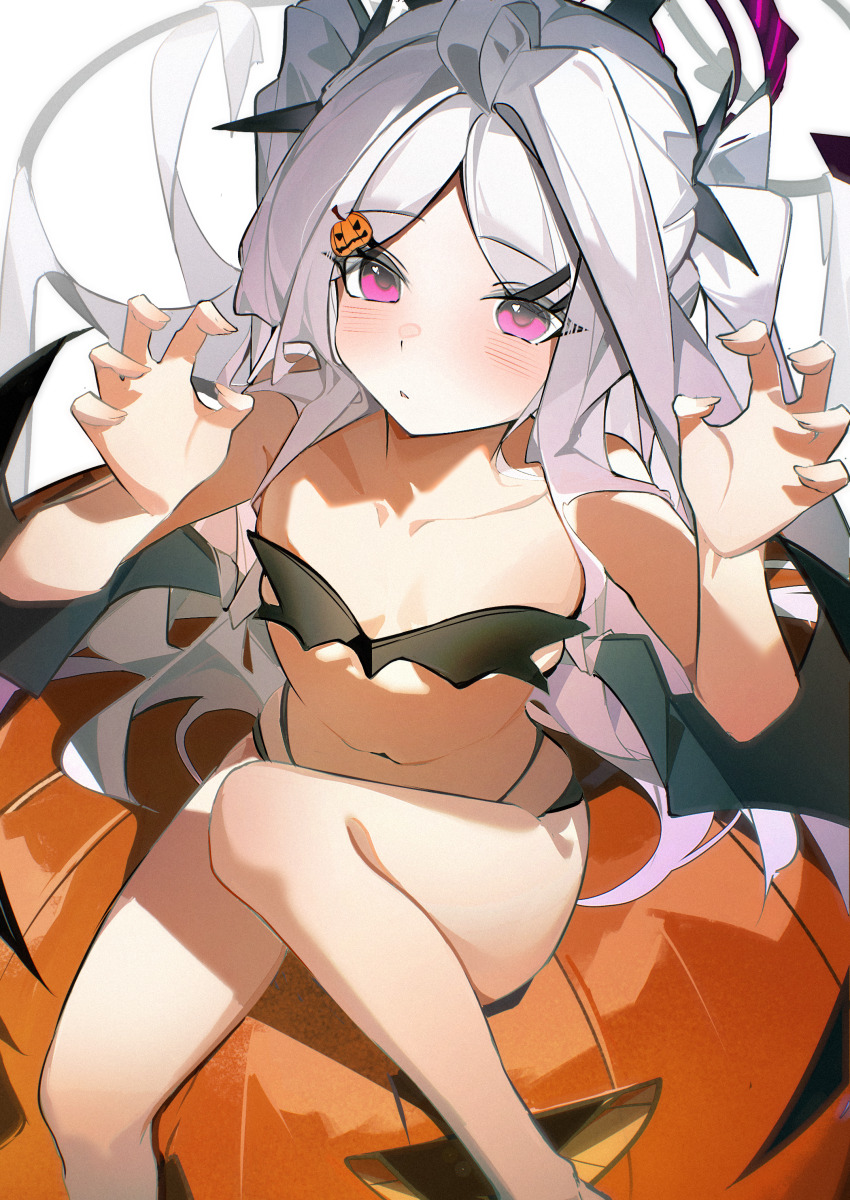 1girl absurdres ahoge alternate_costume alternate_hairstyle ayu_(user_xkhp7843) bare_legs bikini black_bikini black_halo black_horns black_ribbon black_tail black_wings blue_archive blush breasts claw_pose collarbone demon_girl demon_horns demon_tail demon_wings eyes_visible_through_hair feet_out_of_frame fingernails food-themed_hair_ornament hair_ornament hair_over_shoulder hair_ribbon hairclip halloween halo hands_up highres hina_(blue_archive) horns jack-o&#039;-lantern jack-o&#039;-lantern_hair_ornament loli long_hair looking_at_viewer low_wings multiple_wings navel parted_bangs parted_lips pink_eyes pumpkin pumpkin_hair_ornament ribbon simple_background small_breasts solo swimsuit tail thighs twintails very_long_hair very_long_tail white_background white_hair wings