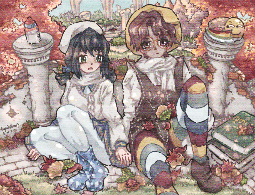 1boy 1girl 4mper5and autumn_leaves baby_bottle beret black_hair blue_boots blue_skirt book boots bottle breasts brown_boots brown_eyes brown_hair brown_overalls bush glasses grass green_eyes hat leaf leaves long_hair long_sleeves medium_breasts open_mouth original overalls pantyhose pillar ruins scarf shirt short_hair sitting skirt sky smiley_face striped_clothes striped_pantyhose sweater white_hat white_pantyhose white_scarf white_shirt white_sweater yellow_hat