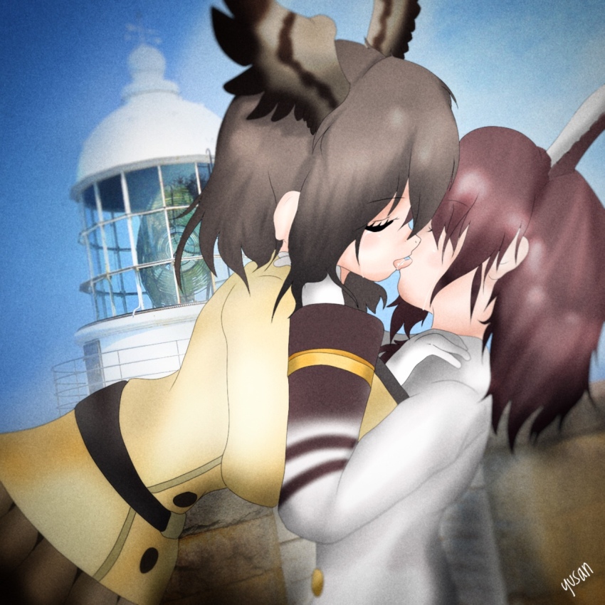 2girls artist_name belt bird_girl black_belt blazer blue_sky brown_hair brown_skirt buttons closed_eyes coat commentary_request crying french_kiss gloves head_wings highres jacket kemono_friends kiss large_buttons lighthouse medium_hair multiple_girls northern_goshawk_(kemono_friends) peregrine_falcon_(kemono_friends) photo_background pleated_skirt skirt sky spotlight streaming_tears tears textless_version weather_vane white_gloves white_jacket window wings yellow_coat yuri yusan_(yusssankai)