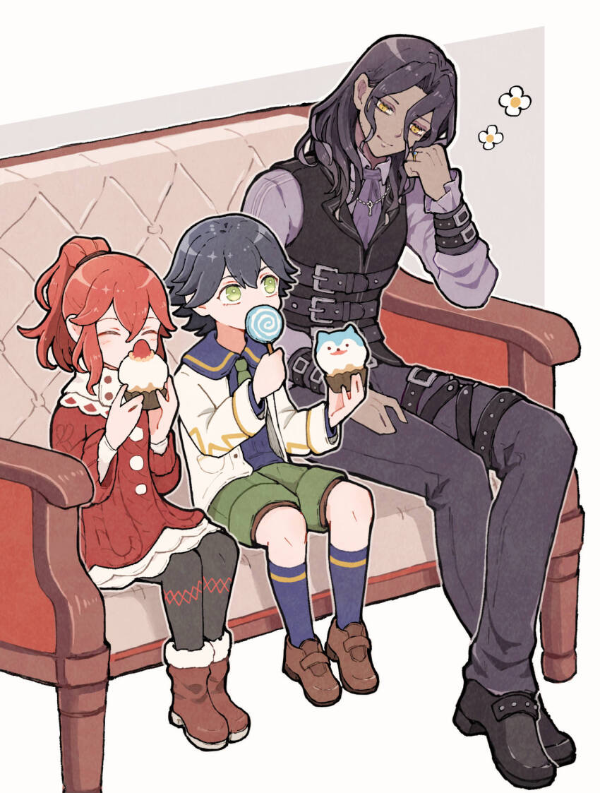 1girl 2boys anna_(fire_emblem) anna_(fire_emblem_engage) belt black_hair buckle closed_eyes couch dress fire_emblem fire_emblem_engage food full_body green_eyes highres holding holding_food jean_(fire_emblem) kuhaha long_sleeves medium_hair multiple_boys nintendo on_couch ponytail red_dress red_hair shoes short_hair shorts sitting sweets yellow_eyes zelkov_(fire_emblem)