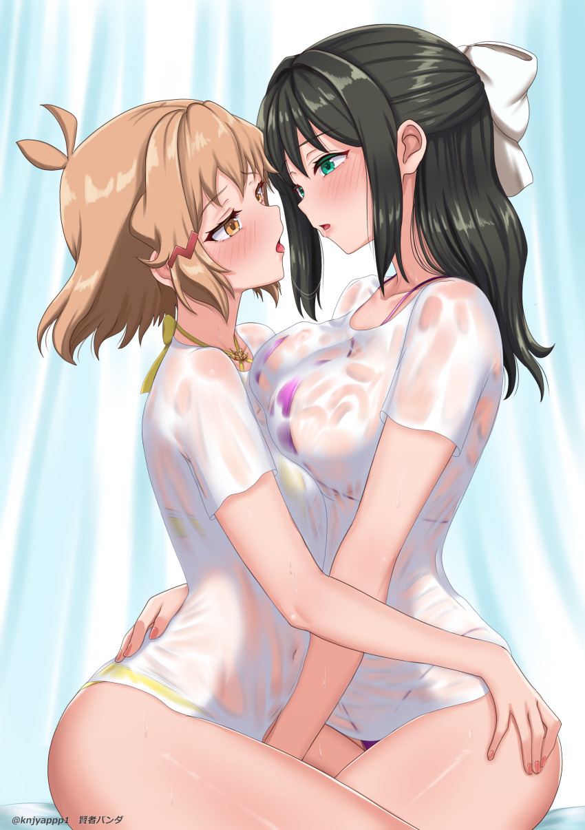 2girls absurdres after_kiss bikini black_hair blush bow breasts brown_hair from_side green_eyes hair_bow hair_ornament hairclip highres hug kenja_panda kohinata_miku large_breasts looking_at_another medium_hair multiple_girls purple_bikini saliva saliva_trail see-through_clothes see-through_shirt senki_zesshou_symphogear shirt short_hair small_breasts swimsuit swimsuit_under_clothes tachibana_hibiki_(symphogear) thighs wet wet_clothes wet_shirt white_bow white_shirt yellow_bikini yellow_eyes yuri