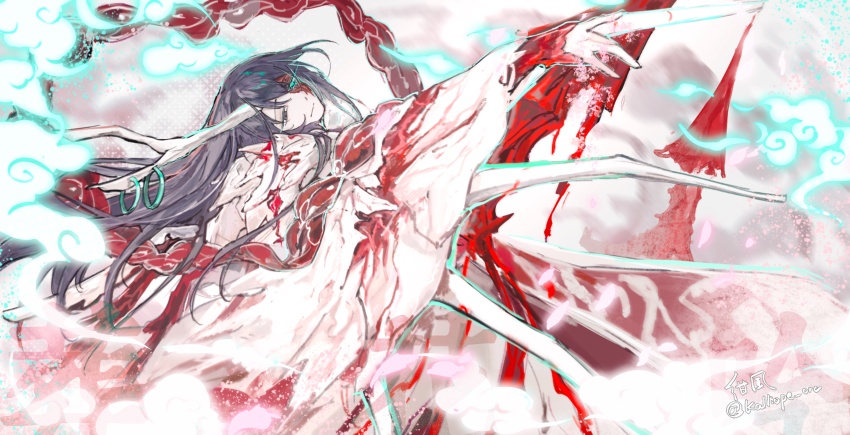 1boy :| absurdres antlers black_eyes black_hair blue_eyes blurry_border burn_scar cloak closed_mouth cloud fur_collar head_tilt heterochromia highres hong_lu_(project_moon) horns impaled kalliope_orc light_particles limbus_company long_hair male_focus outstretched_arm project_moon reaching red_sash sash scar solo tears_of_the_tarnished_blood_(e.g.o) upper_body very_long_hair white_cloak