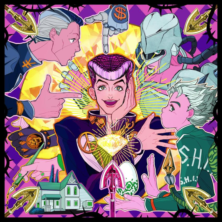 4boys 5others arrow_(jojo) blue_eyes blue_hair blue_jacket crazy_diamond diamond_(shape) diamond_wa_kudakenai echoes_(stand) echoes_act1 egg finger_gun gakuran ginsky2000 green_eyes green_jacket green_shirt grey_hair higashikata_josuke highres hirose_koichi holding house jacket jojo_no_kimyou_na_bouken killer_queen kishibe_rohan long_sleeves multicolored_hair multiple_boys multiple_others nijimura_okuyasu peace_symbol pompadour purple_hair purple_jacket school_uniform shirt the_hand_(stand)
