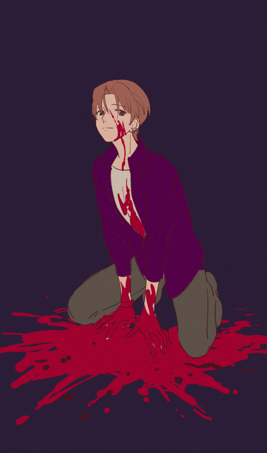 1boy bad_id bad_pixiv_id black_eyes blood blood_on_clothes blood_on_face blood_on_hands blood_splatter fate/zero fate_(series) highres jacket kneeling male_focus namihaya orange_hair purple_jacket smile solo uryuu_ryuunosuke