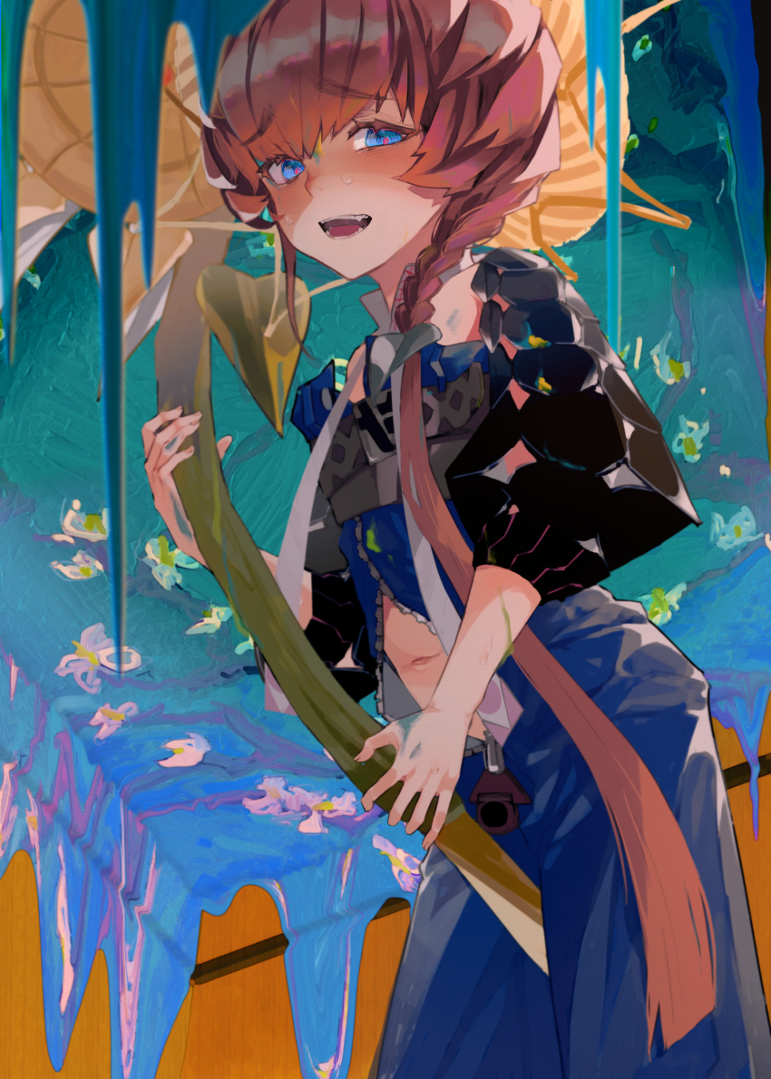 1girl absurdres almond_blossoms_(van_gogh) blue_eyes blue_overalls blush braid brown_hair brush_stroke chest_belt commentary_request crown_braid e_ixion fate/grand_order fate_(series) flower hair_ornament hat highres leaf_hair_ornament long_hair looking_at_viewer navel nervous open_mouth overall_shorts overalls see-through_clothes see-through_sleeves side_braid smile solo straw_hat sunflower sweat unzipped van_gogh_(fate) van_gogh_(first_ascension)_(fate) vincent_van_gogh_(style) yellow_hat