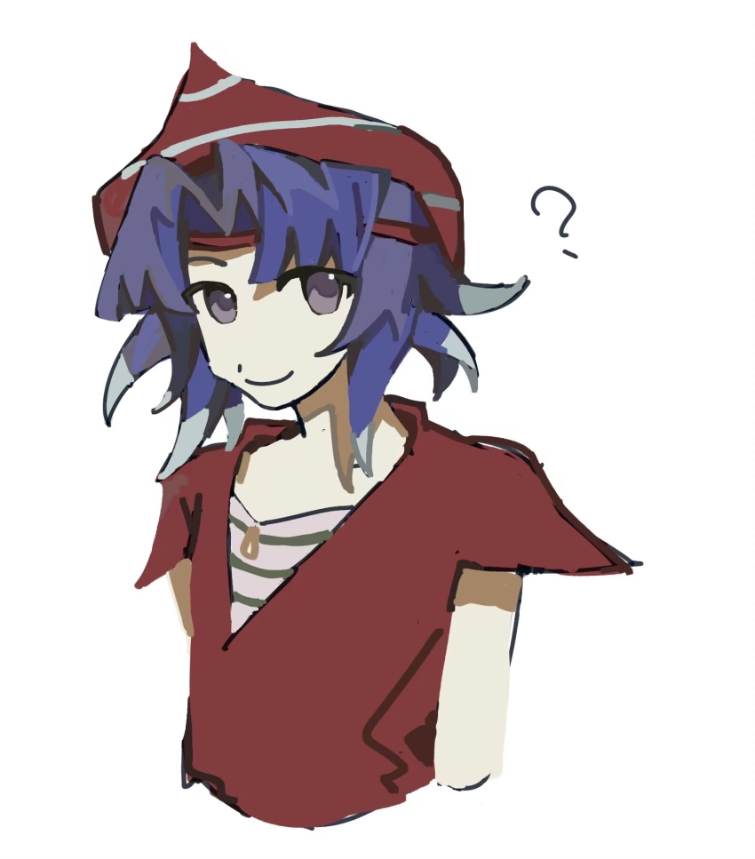 1other ? aaayamitsu androgynous blue_hair chinese_commentary closed_mouth commentary_request grey_eyes hat highres len&#039;en light_blue_hair multicolored_hair other_focus parted_bangs pink_shirt red_hat senri_haiji shirt simple_background sketch smile solo striped_clothes striped_headwear striped_shirt upper_body white_background