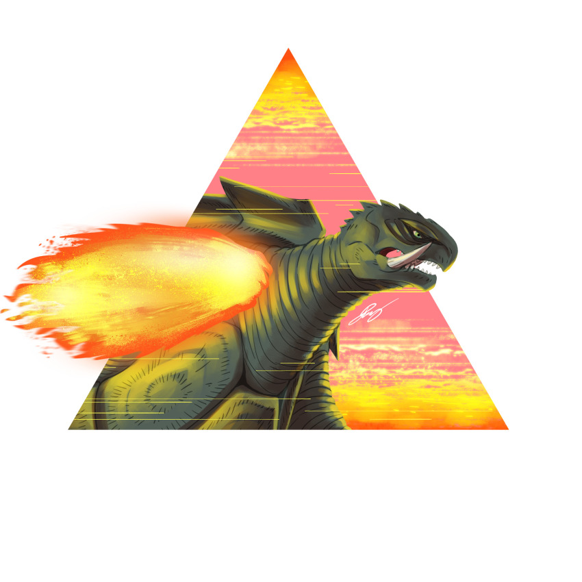 angry banishing_fist banishing_sword daiei_film embers energy energy_arm energy_fist fire gamera gamera_(series) gamera_3:_revenge_of_iris green_eyes highres kaiju no_humans plasma prosthesis prosthetic_arm punching pyrasterran sharp_teeth teeth turtle tusks