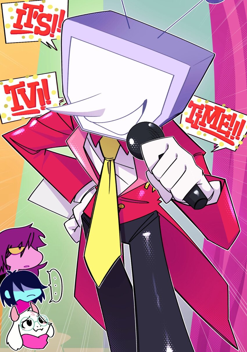 ... 1girl 1other 2boys ant_tenna black_hair black_pants blue_skin colored_sclera colored_skin crt deltarune frown gloves green-framed_eyewear hand_on_own_hip highres holding holding_microphone horns inset kris_(dark_world)_(deltarune) kris_(deltarune) medium_hair microphone multiple_boys object_head outline pants parted_lips pink_skin pointy_nose purple_hair ralsei rererenore_i shared_speech_bubble shirt short_hair smile speech_bubble spoken_ellipsis susie_(dark_world)_(deltarune) susie_(deltarune) tailcoat white_gloves white_outline white_shirt yellow_sclera