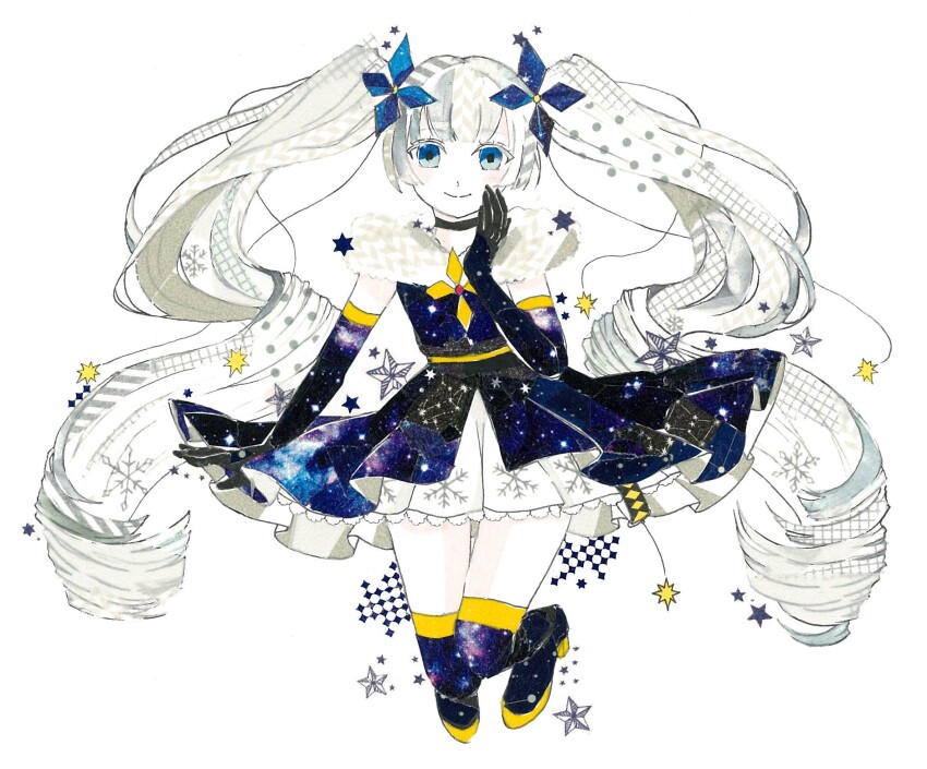 1girl aqua_eyes black_boots black_collar black_dress black_gloves blue_eyes boots collar commentary constellation_print diamond_hair_ornament dress elbow_gloves frilled_dress frills fur-trimmed_dress fur_trim gloves hair_ornament hand_on_own_face hatsune_miku highres layered_dress long_hair masking_tape_(medium) mixed_media multicolored_eyes poncho_(ponpontyo_8) sidelocks simple_background sleeveless sleeveless_dress snowflake_print solo star_(sky) star_(symbol) thigh_boots thighhighs traditional_media twintails two-tone_eyes unconventional_media very_long_hair vocaloid white_background white_dress white_hair yuki_miku yuki_miku_(2017)_(applicant) zettai_ryouiki
