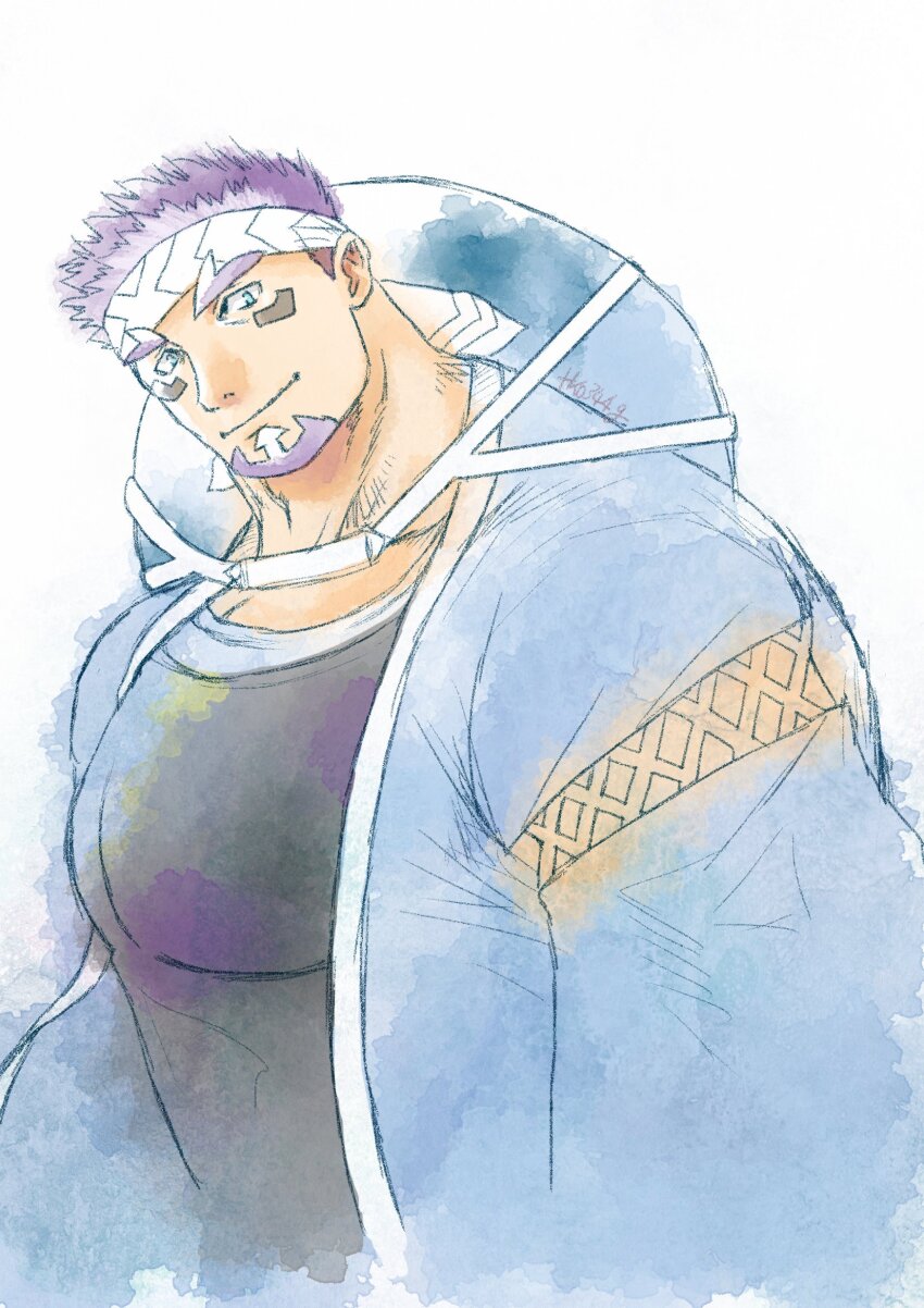 1boy bara cropped_torso dark-skinned_male dark_skin facial_hair goatee hat_on_back head_tilt headband highres large_pectorals live_a_hero mature_male muscular muscular_male official_alternate_costume painterly pectorals shaft_(live_a_hero) shaft_(the_runner)_(live_a_hero) shirt short_hair sideburns sideburns_stubble smile stubble t-shirt thick_eyebrows tko344g two-tone_beard