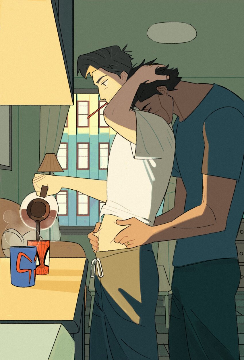 2boys black_pants blue_shirt brown_hair building chest_of_drawers clothes_lift coffee_mug commentary crew_neck cup curtains dark-skinned_male dark_skin dingnin98201637 from_side hands_on_another&#039;s_stomach head_on_another&#039;s_shoulder highres holding holding_coffee_pot indoors looking_at_object male_focus marvel marvel_cinematic_universe miguel_o&#039;hara mug multiple_boys pants peter_b_parker picture_frame scar scar_on_face shirt shirt_lift short_sleeves sideburns spider-man:_across_the_spider-verse spider-man_(series) spider-verse standing sweatpants t-shirt white_shirt window yaoi