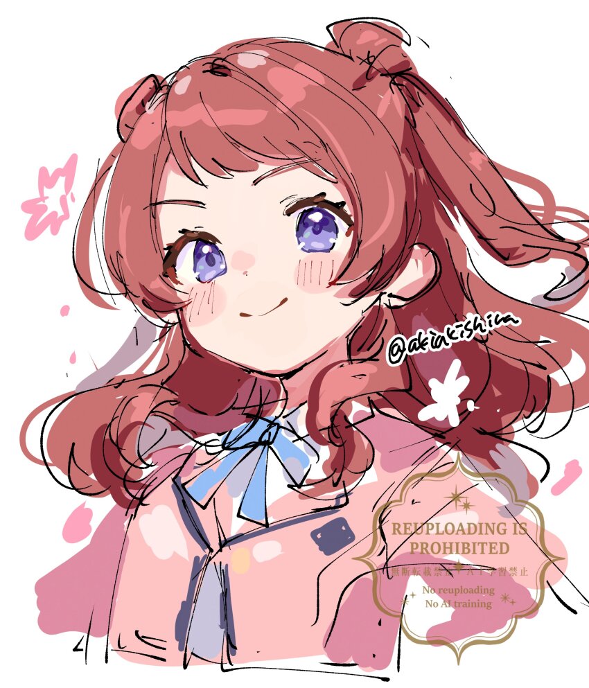 1girl absurdres blue_eyes blue_ribbon blush brown_hair closed_mouth collared_shirt commentary cropped_jacket cropped_torso dress_shirt gakuen_idolmaster hair_rings hanami_saki hatsuboshi_gakuen_school_uniform highres idolmaster jacket looking_at_viewer medium_hair neck_ribbon pink_jacket ribbon school_uniform shirano_akihiro shirt simple_background smile solo twitter_username two_side_up upper_body watermark white_background white_shirt