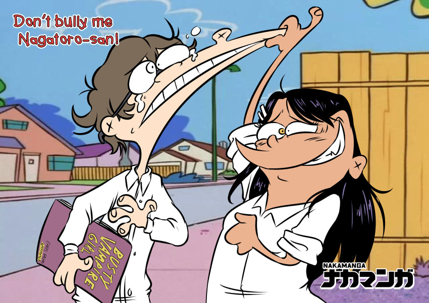 1boy 1girl absurdres arm_up artist_name black_hair blue_sky book brown_eyes cheek_pinching cheek_pull clenched_hand clenched_teeth cloud commentary curly_hair dark-skinned_female dark_skin dress_shirt ed_edd_n_eddy edd_(ed_edd_n_eddy) eddy_(ed_edd_n_eddy) english_commentary english_text fence glasses grin hachiouji_naoto hair_ornament hairclip hand_up highres holding holding_book house ijiranaide_nagatoro-san lamppost long_hair long_sleeves nagatoro_hayase nakamanga outdoors parody pinching road shirt short_hair sky sleeves_rolled_up smile style_parody swept_bangs tearing_up teeth toon_(style) upper_body white_shirt wing_collar