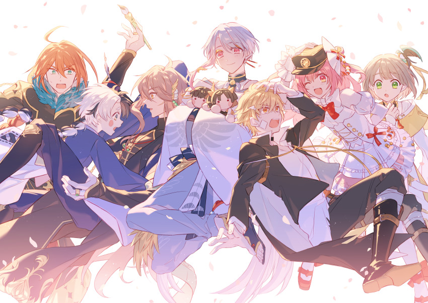 6+boys :o ;d absurdres ahoge arm_behind_back bare_shoulders bird_hair_ornament black_cape black_choker black_coat black_footwear black_hair black_headwear black_jacket black_pants black_robe blonde_hair blue_pants blush_stickers boots borrowed_clothes bow bowtie braid brown_hair cape character_doll choker choppy_bangs closed_mouth clothing_cutout coat crossdressing detached_sleeves doll double-parted_bangs dress eyeshadow falling falling_petals feet_out_of_frame female_master_(the_tale_of_food) fuli_chicken_(the_tale_of_food) full_body fur-trimmed_coat fur_trim gauze gloves gradient_hair green_eyes grey_hair grey_pants hair_between_eyes hair_bow hair_ornament hair_stick hairclip hand_on_headwear hand_up hands_in_opposite_sleeves har-gow_(the_tale_of_food) hat highres holding holding_doll holding_paintbrush hu-geng_(the_tale_of_food) jacket jewelry jumping knee_boots knees_together_feet_apart koeda_(k83_4) kung_pao_chicken_(the_tale_of_food) long_hair looking_at_another looking_at_viewer makeup male_focus male_master_(the_tale_of_food) mandarin_collar mary_janes multicolored_hair multiple_boys one_eye_closed open_clothes open_jacket open_mouth orange_eyes orange_hair paintbrush pants parted_lips peaked_cap pendant petals pink_eyes pink_hair popped_collar profile puffy_detached_sleeves puffy_sleeves red_bow red_bowtie red_footwear ring robe sandals shirt shoes short_hair short_sleeves shoulder_cutout simple_background single_braid single_sidelock sleeveless sleeveless_dress sleeves_past_wrists smile split-color_hair spring_roll_(the_tale_of_food) stinky_perch_(the_tale_of_food) surprised swept_bangs the_tale_of_food trap two_side_up untucked_shirt white_background white_bow white_bowtie white_gloves white_hair white_pants white_robe white_shirt wide_sleeves wing_hair_ornament wing_print wrist_cuffs yellow_eyes yellow_eyeshadow yipin_pot_(the_tale_of_food)