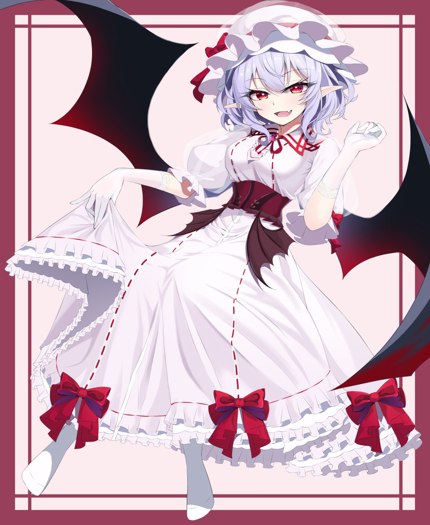 1girl absurdres bat_wings blue_hair bow bow_skirt bowtie breasts brooch collared_shirt commentary_request corset elbow_gloves fang full_body gloves hair_between_eyes hat hat_ribbon highres jewelry large_breasts mob_cap open_mouth pointy_ears puffy_short_sleeves puffy_sleeves red_bow red_bowtie red_eyes red_ribbon remilia_scarlet ribbon s_vileblood shirt short_hair short_sleeves skin_fang skirt skirt_hold skirt_set smile solo touhou white_gloves white_shirt white_skirt wings