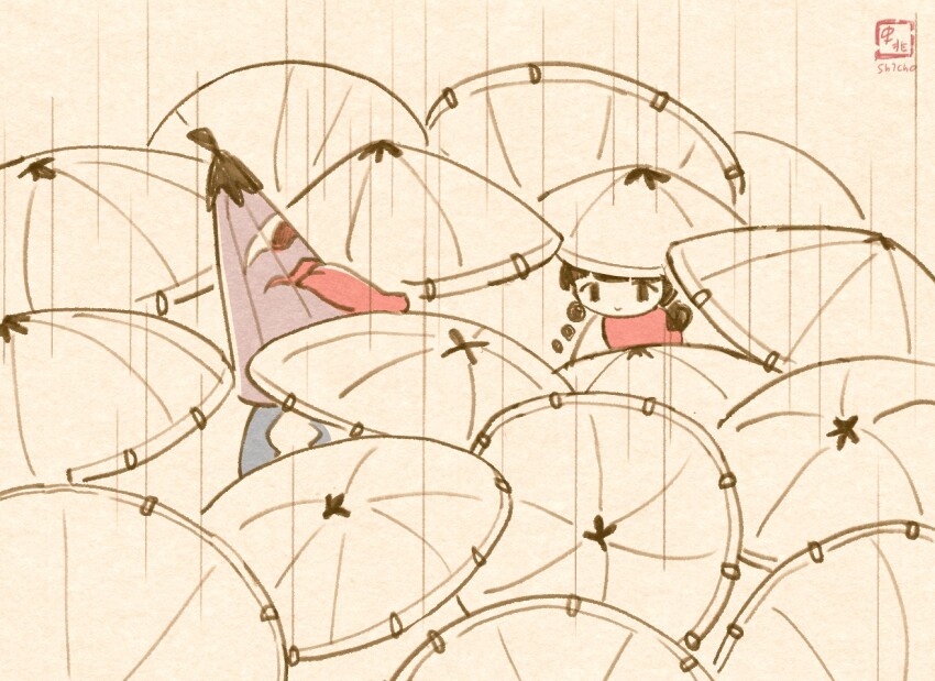 2girls ajirogasa black_eyes black_hair closed_mouth commentary_request fine_art_parody hat karakasa_obake multiple_girls osen_(komura_settai) parody purple_umbrella rain sh1cho smile tatara_kogasa tongue touhou umbrella upper_body yatadera_narumi