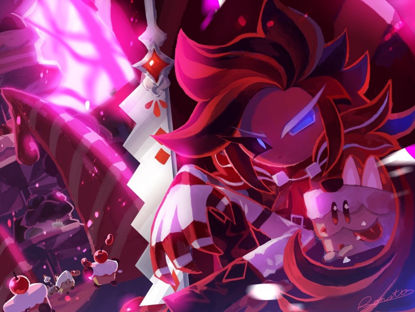 1boy animal belt black_belt black_sclera blue_eyes cake_hound cherry closed_mouth colored_sclera colored_skin cookie_run cookie_run:_kingdom cream_cake_hound dog food food-themed_creature fruit full_body glowing glowing_eyes highres jacket knee_up looking_at_viewer male_focus mismatched_sclera open_clothes open_jacket red_hair red_jacket red_skin red_theme red_velvet_cookie rn9j sitting solo