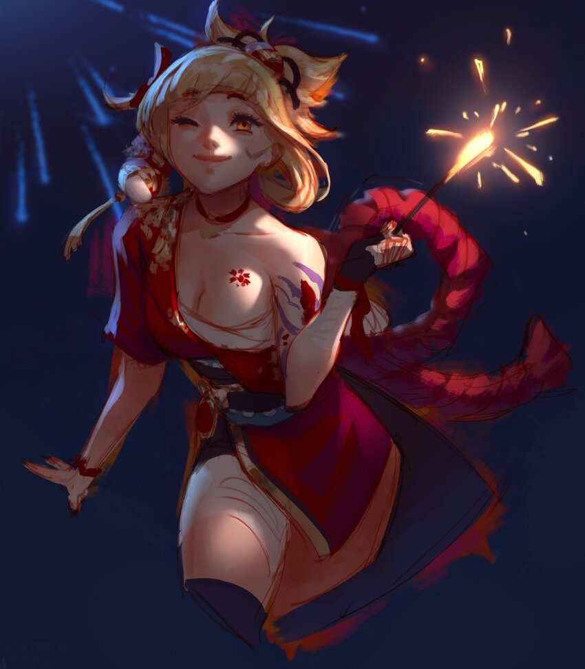 1girl arm_tattoo blonde_hair blue_sash blunt_bangs breast_tattoo breasts chest_sarashi cleavage closed_mouth cowboy_shot fireworks genshin_impact hair_ornament hair_up highres holding holding_fireworks japanese_clothes jeremy_anninos kimono medium_breasts night night_sky obi off_shoulder one_eye_closed orange_eyes red_kimono sarashi sash short_kimono single_bare_shoulder sky smile solo sparkler tattoo yoimiya_(genshin_impact)