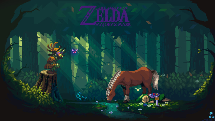 2boys blonde_hair blue_flower brown_shirt brown_tunic bush closed_eyes copyright_name epona fairy flower forest glowing glowing_eyes grass green_headwear green_shirt green_tunic hat highres horse hylian_shield instrument itzah light_particles light_rays link looking_at_another lying mask multiple_boys nature nintendo ocarina on_side outdoors pixel_art planted planted_sword planted_weapon pointy_ears scenery shield shield_on_back shirt short_hair short_sleeves skull_kid sleeping squatting stream sword tael tatl the_legend_of_zelda the_legend_of_zelda:_majora&#039;s_mask tree tree_stump tunic water weapon