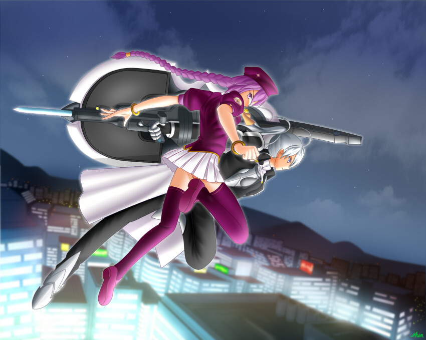 2girls back_alley_alliance beret blue_eyes braid city_lights cityscape hat jewelry light_frown long_hair melty_blood miniskirt multiple_girls night night_sky ponytail purple_eyes purple_hair purple_thighhighs riesbyfe_stridberg shield shin_(shinobu40) single_braid sion_eltnam_(type-moon) sion_eltnam_atlasia skirt sky thighhighs tsukihime very_long_hair white_hair zettai_ryouiki