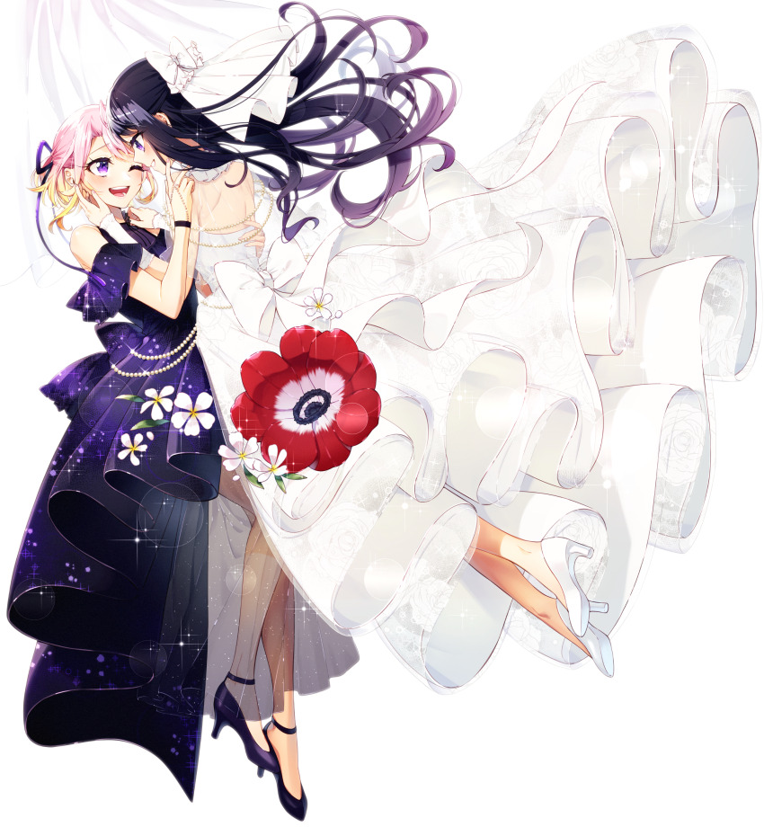 2girls anemone_wa_netsu_wo_obiru black_dress black_hair black_vs_white brown_hair dress eye_contact female_focus flower grin hand_on_another&#039;s_back hand_on_another&#039;s_face hand_on_another&#039;s_shoulder high_heels highres komiyama_mashiro long_hair looking_at_another multiple_girls one_eye_closed ootsuki_nagisa purple_dress purple_footwear sakuragi_ren short_hair simple_background smile wedding_dress white_dress white_footwear wife_and_wife yuri