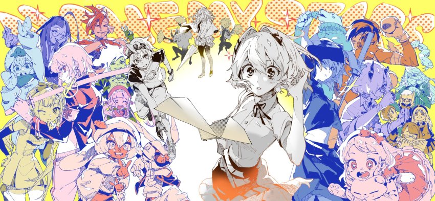 +_+ 6+boys 6+girls ahoge alchemy_stars alternate_costume amy_(alchemy_stars) armband bandaged_arm bandages bear boxing_gloves bracelet brock_(alchemy_stars) carleen_(alchemy_stars) chainsaw_rick_(alchemy_stars) character_request charon_(alchemy_stars) closed_eyes coat collared_shirt commentary_request dian_(alchemy_stars) eyepatch food formal_clothes from_side glasses glint gloves hair_intakes hairband hand_fan hand_in_own_hair hat highres hiiro_(alchemy_stars) horns ice_cream jane_(alchemy_stars) jewelry kara_(alchemy_stars) kohodn kuma_(alchemy_stars) looking_at_viewer microphone mittens multiple_boys multiple_girls navigator_(alchemy_stars) niel_(alchemy_stars) noah_(alchemy_stars) one_eye_closed open_mouth over_shoulder pants paper_airplane pierre_(alchemy_stars) pom_pom_(cheerleading) rabbie_(alchemy_stars) regina_(alchemy_stars) round_eyewear shaded_face sharona_(alchemy_stars) sheath sheol_(alchemy_stars) shirt shoes short_hair short_sleeves sinsa_(alchemy_stars) skirt smile sneakers sparkle stuffed_animal stuffed_toy suit sword sword_over_shoulder teddy_bear teeth toothpick umbrella unsheathing v vice_(alchemy_stars) weapon weapon_over_shoulder
