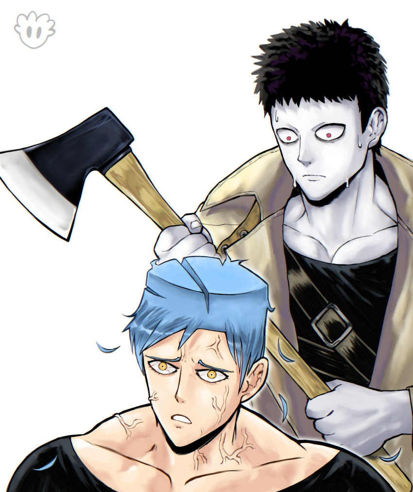 2boys absurdres alternate_hairstyle anger_vein axe black_hair bloodshot_eyes blue_hair choso_giving_toudou_a_haircut_(meme) colored_skin commentary devovas english_commentary flattop frown highres holding holding_axe male_focus meme multiple_boys muscular muscular_male nervous_sweating one-punch_man red_eyes signature sweat sweet_mask veiny_face white_skin yellow_eyes zombieman