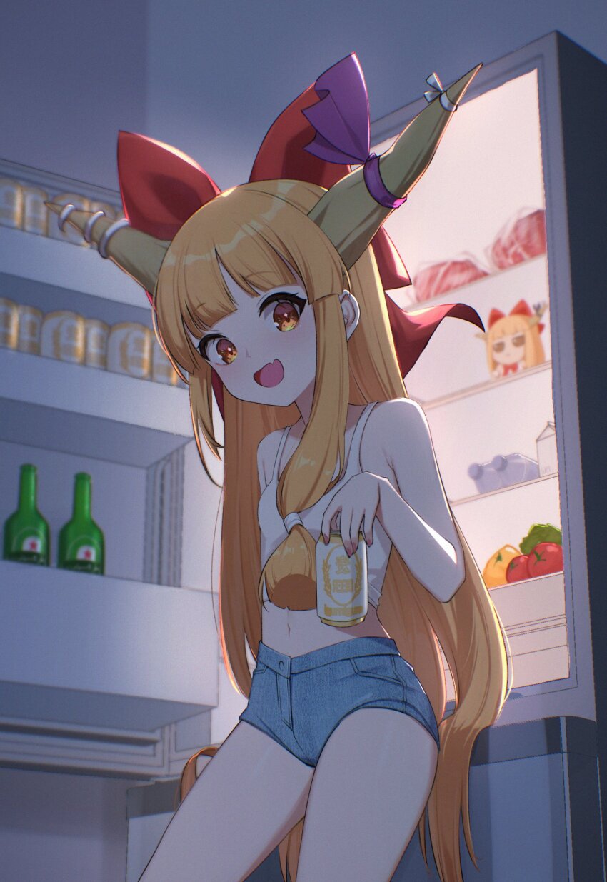 1girl alcohol beer belly bow breasts denim denim_shorts fumo_(doll) hair_bow heineken highres hime_cut horn_bow horn_ornament horn_ribbon horns ibuki_suika navel oeyama orange_hair ribbon sake shirt short_shorts shorts small_breasts tight_clothes tight_shirt touhou
