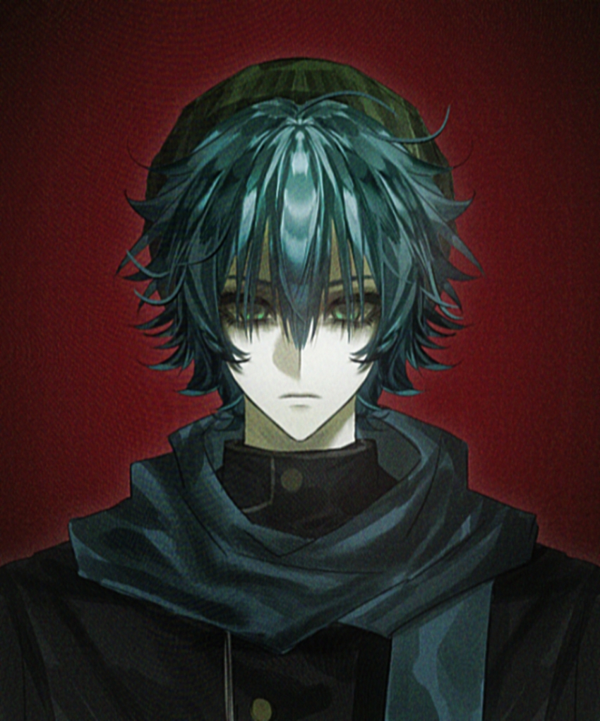 1boy absurdres aqua_hair aqua_scarf black_jacket buttons closed_mouth commentary film_grain green_eyes green_hat hair_between_eyes hat highres hiyori_sou jacket kimi_ga_shine looking_at_viewer male_focus moyu_shuang pale_skin scarf short_hair solo