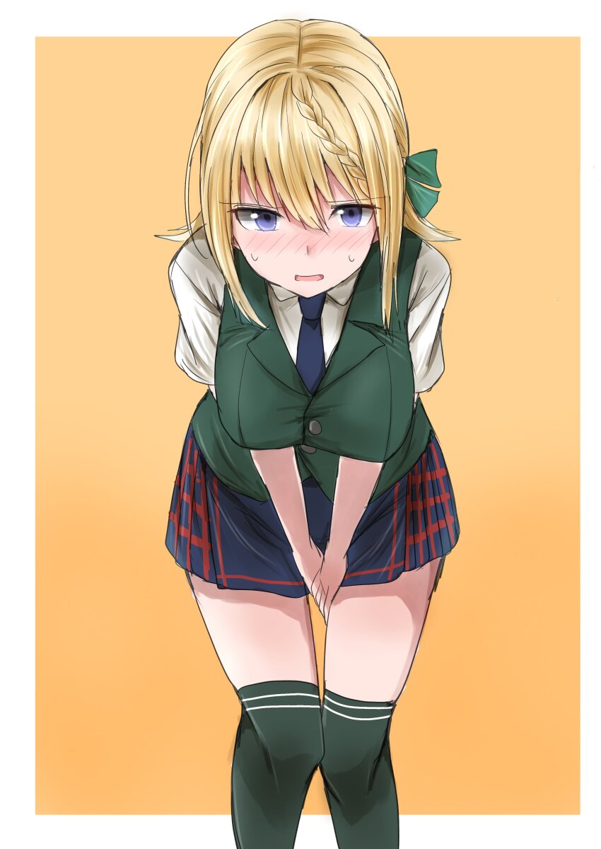 1girl absurdres blonde_hair blue_necktie blue_skirt braid braided_bun breasts collared_shirt commentary_request commission dress_shirt feet_out_of_frame green_thighhighs green_vest hair_bun highres kamaboko_senshi kantai_collection large_breasts leaning_forward looking_at_viewer necktie perth_(kancolle) plaid_clothes plaid_skirt pleated_skirt purple_eyes school_uniform shirt short_hair short_sleeves skirt solo thighhighs vest white_shirt