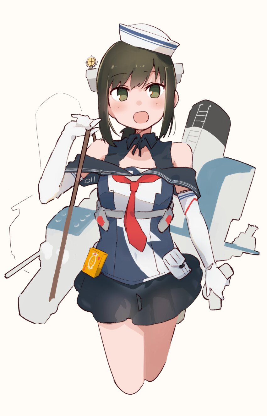 1girl absurdres adapted_turret autocannon black_hair black_sailor_collar black_skirt bofors_40_mm_gun breasts cannon cosplay depth_charge dixie_cup_hat elbow_gloves fubuki_(kancolle) gloves hat highres kantai_collection looking_at_viewer low_ponytail ma_rukan machinery military_hat neckerchief off-shoulder_shirt off_shoulder open_mouth ponytail red_neckerchief richard_p._leary_(kancolle) richard_p._leary_(kancolle)_(cosplay) rigging sailor_collar sailor_shirt school_uniform serafuku ship_turret shirt short_hair short_ponytail skirt smile smokestack solo white_gloves white_hat