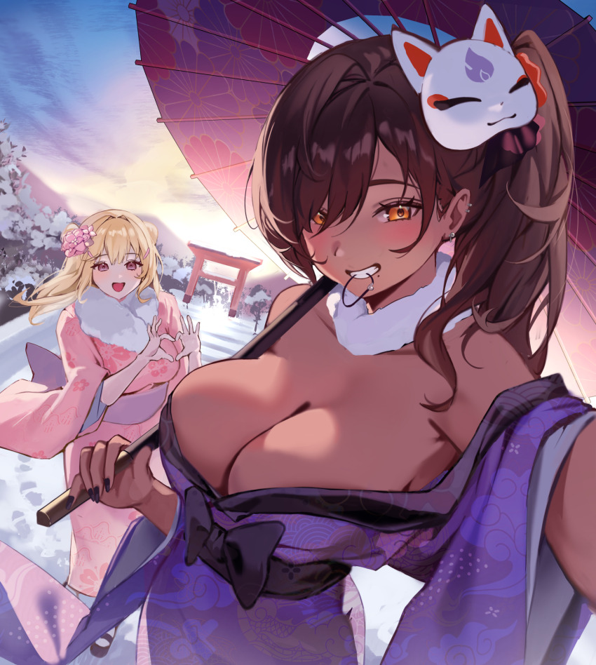 2girls bare_shoulders black_nails blonde_hair breasts brown_hair cleavage clenched_teeth cloud dark-skinned_female dark_skin day ear_piercing earrings flower footprints fox_mask fur_collar goddess_of_victory:_nikke hair_flower hair_ornament hair_over_one_eye hair_tie_in_mouth heart heart_hands highres holding holding_umbrella japanese_clothes jewelry kimono large_breasts long_hair looking_at_viewer mask mask_on_head mixed-language_commentary mole mole_under_mouth mouth_hold multiple_girls naga_(last_girlhood)_(nikke) naga_(nikke) obi off_shoulder official_alternate_costume oil-paper_umbrella open_mouth outdoors outstretched_arm piercing pink_kimono ponytail purple_kimono sash selfie side_ponytail sky slippers snow stairs sunrise teeth tia_(nikke) torii tree umbrella uyuri_(89976220) wide_sleeves