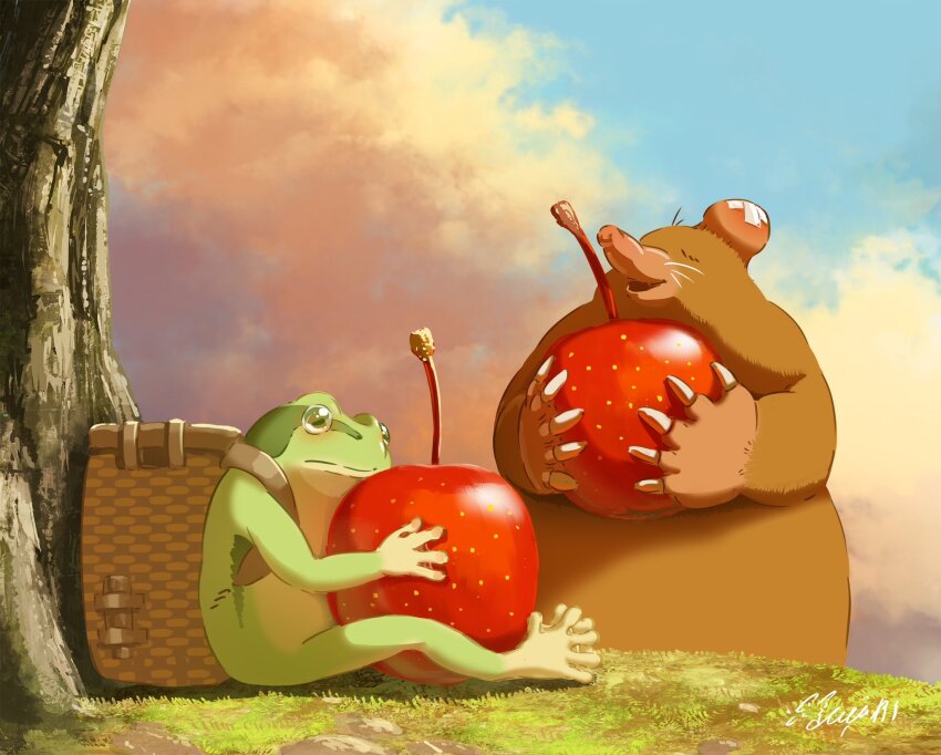 animal_focus apple backpack_basket blue_sky cloud cloudy_sky commentary_request evening food frog fruit hachiya_shohei highres mole_(animal) no_humans orange_(fruit) original signature sky tree