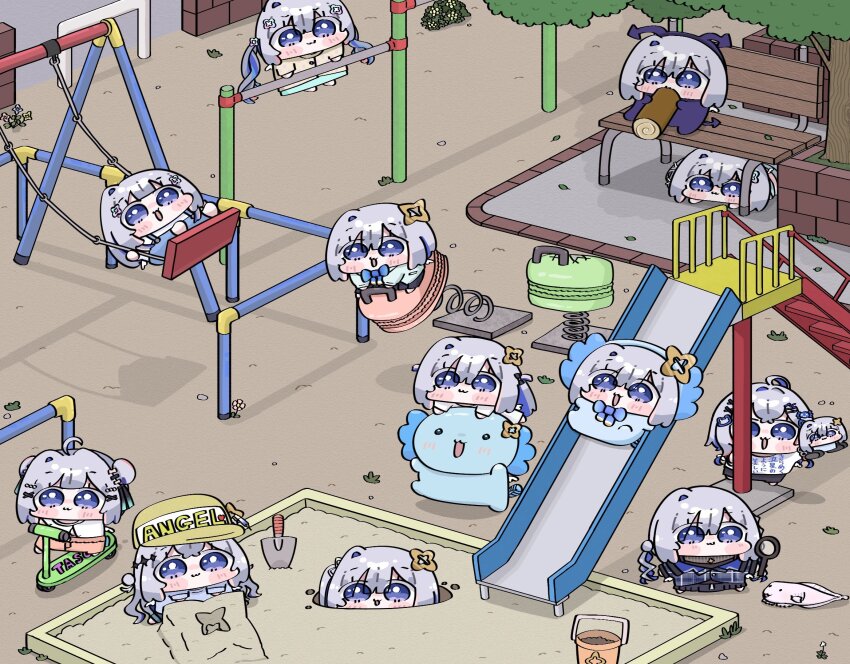 1girl amane_kanata angel angel_wings axolotl bench berry_chop_man blue_hair cake chibi chibi_only climbing colored_inner_hair demon detective digging feathered_wings flat_cap food grey_hair hair_ornament halo hat highres holding holding_magnifying_glass hololive long_hair macaron magnifying_glass monkey_bars multicolored_hair official_art on_swing open_mouth outdoors park park_bench playground playing pp_tenshi_t-shirt purple_eyes sandbox short_hair single_hair_intake slide smile spring_rider star_halo streaked_hair swing swing_set swinging_on_swing swiss_roll tree upao_(amane_kanata) virtual_youtuber wings