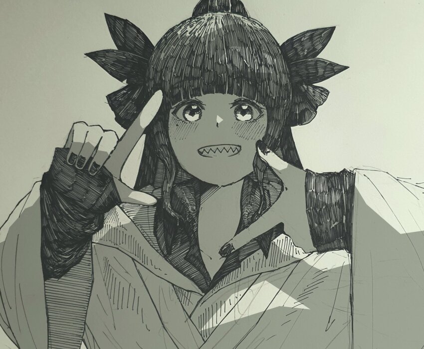 1girl artemis_of_the_blue atelier_live black_eyes black_hair black_nails black_shirt collared_shirt epeulu_(ate5424) greyscale hair_ribbon hatching_(texture) highres hood hood_down hoodie layered_clothes marker_(medium) mole mole_under_eye monochrome ponytail ribbon shark_fin shark_girl sharp_teeth shirt solo teeth traditional_media virtual_youtuber wavy_sidelocks white_hoodie wide_sleeves