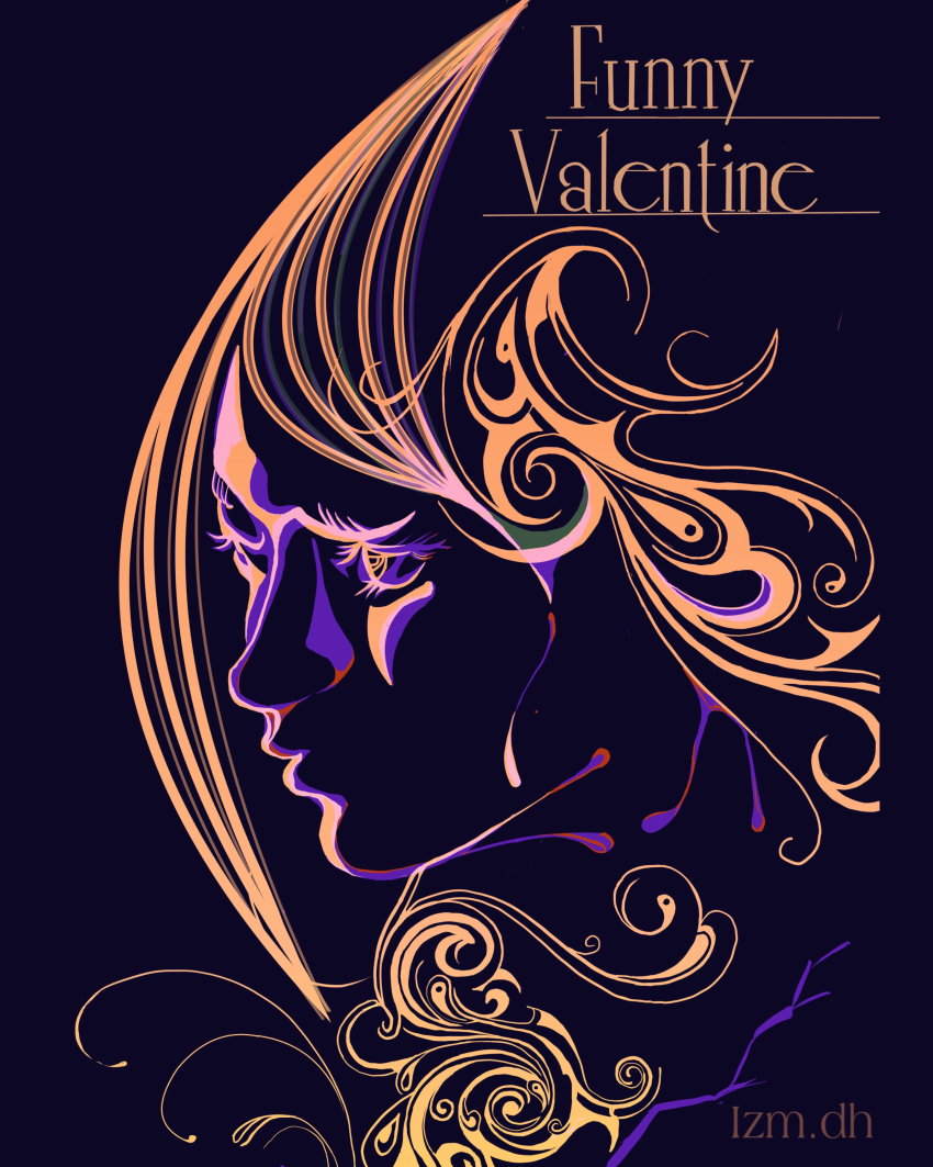 1boy abstract absurdres black_background blending character_name commentary_request curly_hair english_text eyelashes funny_valentine high_contrast highres izm.dh jojo_no_kimyou_na_bouken limited_palette male_focus portrait profile signature solo steel_ball_run yellow_eyes