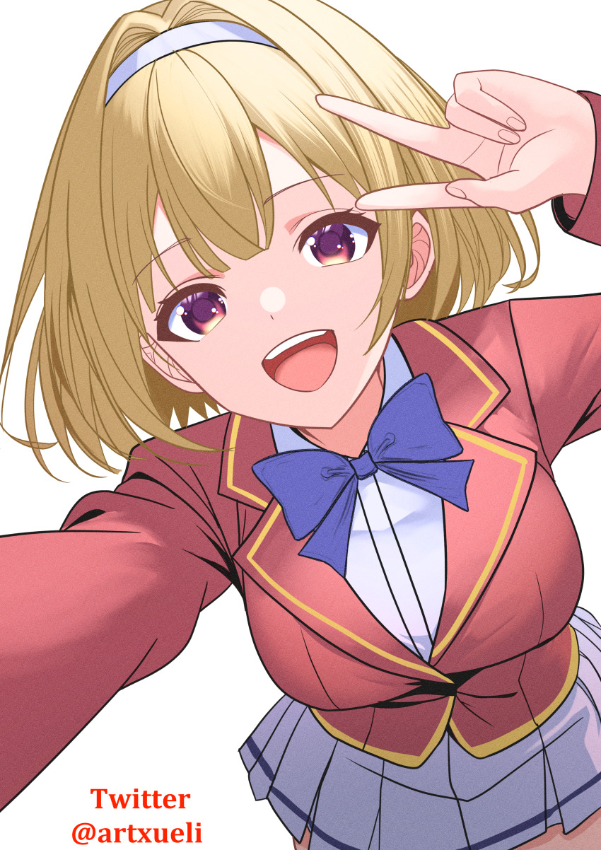 1girl absurdres advanced_nurturing_high_school_uniform blonde_hair blue_bow blue_bowtie bow bowtie breasts hairband highres jacket kushida_kikyou large_breasts medium_hair open_mouth red_eyes red_jacket school_uniform selfie shirt skirt solo twitter_username v white_background white_hairband white_shirt white_skirt xueli_shimazaki youkoso_jitsuryoku_shijou_shugi_no_kyoushitsu_e