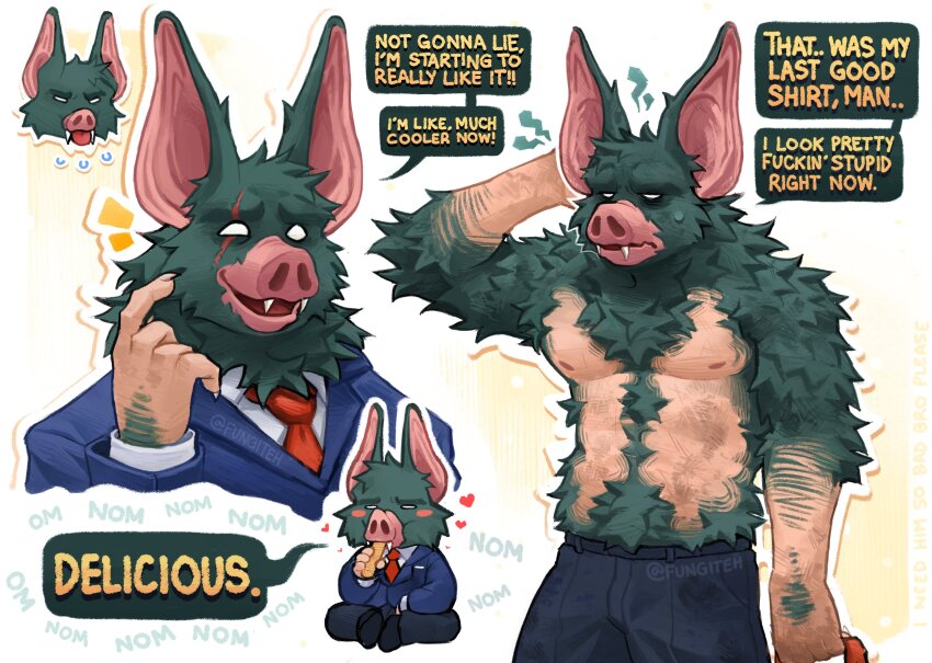 1boy absurdres animal_ears annoyed artist_name bat_boy bat_ears black_pants blowing_raspberry blue_suit chibi claws commentary dispatch eating english_commentary english_text fangs formal_clothes fungiteh furry furry_male highres holding_necktie looking_at_viewer looking_to_the_side multiple_views necktie nipples open_mouth pants pectorals red_necktie scar scar_across_eye scar_on_face smile sonar_(dispatch) speech_bubble suit topless_male