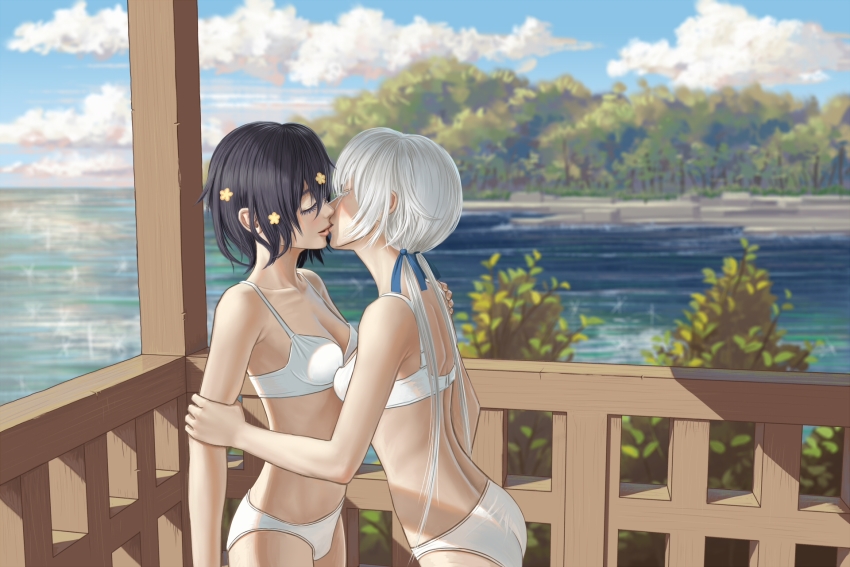 2girls arm_grab artist_request black_hair blue_ribbon blue_sky bra breasts cloud collarbone day eyelashes closed_eyes flower hair_flower hair_ornament hair_ribbon hand_on_another&#039;s_arm hand_on_another&#039;s_shoulder highres kiss konno_junko landscape low_twintails mizuno_ai multiple_girls nature outdoors panties plant porch ribbon scenery short_hair shoulder_grab sky small_breasts sunlight tree twintails underwear underwear_only veranda water white_bra white_hair white_panties yuri zombie_land_saga