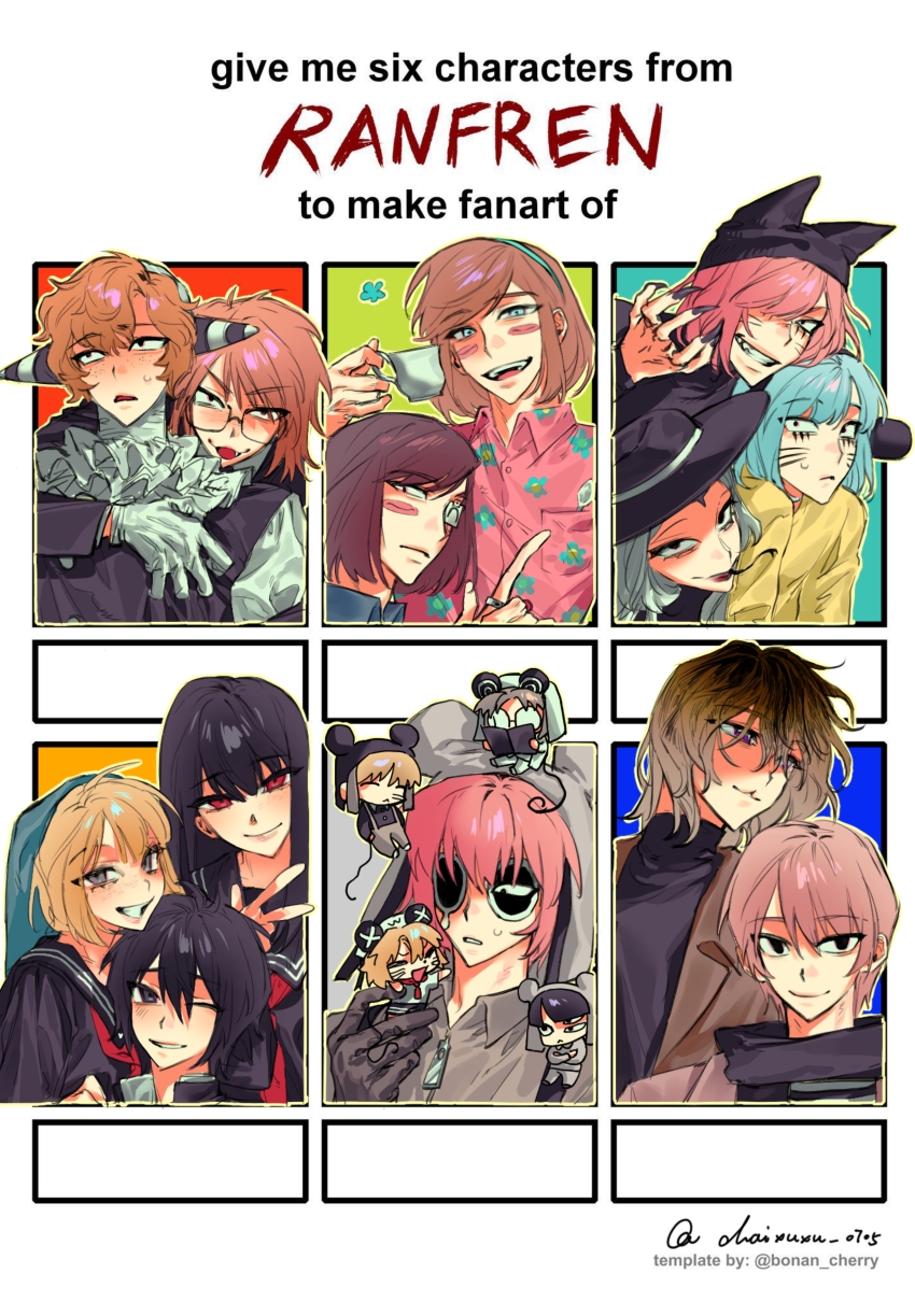 absurdres animal_hat avalona black_serafuku brown_hair cat_hat chaixuxu0705 clown dual_persona english_text facial_mark hat highres hitchhiker_a_(randal&#039;s_friends) hitchhiker_b_(randal&#039;s_friends) kinder_surprised_michael_jr. luther_von_ivory mouse_boy mouse_hat mouse_tail multiple_drawing_challenge nana_(randal&#039;s_friends) nyen_(randal&#039;s_friends) nyon_(randal&#039;s_friends) pink_hair present_day_problem_takeuchi_robert randal&#039;s_friends randal_ivory ratman_3_(randal&#039;s_friends) ratman_4_(randal&#039;s_friends) ratman_5_(randal&#039;s_friends) school_uniform sebastian_de_tomato_smith_chicken_legs serafuku six_fanarts_challenge spider_girl_(randal&#039;s_friends) tail tsukada_satoru whisker_markings