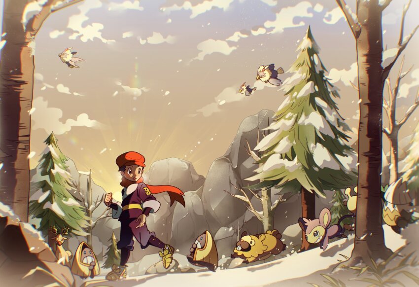 1boy aipom bidoof blue_jacket blue_pants boulder cloud cloudy_sky dawn fir_tree galaxy_expedition_team_survey_corps_uniform game_freak gen_2_pokemon gen_3_pokemon gen_4_pokemon gen_5_pokemon grey_sky hat highres jacket nature nintendo outdoors pants pokemon pokemon_(creature) pokemon_legends:_arceus red_hat red_scarf rei_(pokemon) rufflet scarf selyg15 sky snorunt snover snow stantler tree